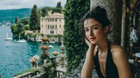 Young woman relaxing by Mediterranean lake with historic villa backdrop. Peaceful vacation moment with turquoise water and luxury architecture scenery.
