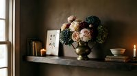 Lush floral arrangement with roses and greenery in brass vase on shelf with books, candles and botanical art for home decor styling.