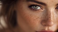 Close-up portrait of young Caucasian woman with natural freckles and green eyes looking directly at camera with soft lighting and warm skin tones.