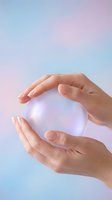 Protective hands cupping glowing orb of light on pastel gradient background symbolizing care, protection, energy healing and spiritual wellness concepts.