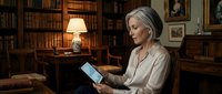 Senior woman with gray hair, Caucasian ethnicity, wearing beige blouse, reading tablet in traditional library with wooden bookshelves, warm lamp lighting, and classic decor. Educational technology use.