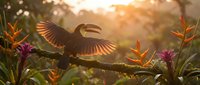 Toucan bird with spread wings perched on branch among tropical flowers during golden hour sunset creating warm backlit silhouette in lush rainforest environment.