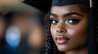 Young African American female graduate wearing mortarboard cap with tassel, displaying confident expression and professional makeup against blurred background.