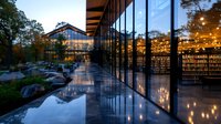 Modern glass library building at twilight with illuminated interior and reflective water feature in landscaped garden setting.