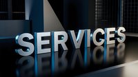 Metallic chrome letters spelling SERVICES on a reflective dark surface, dramatic studio lighting, corporate business concept for banners and presentations.