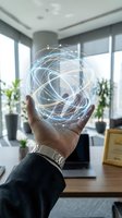 Businessman holding glowing digital sphere with interconnected light lines representing global network, data connectivity, and technology innovation in modern office environment with plants.