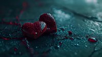 Broken red heart on dark wet surface with water drops and scattered fragments in moody lighting, symbolizing heartbreak, loss and emotional pain.