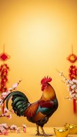 Colorful rooster with cherry blossoms and red lanterns on warm yellow background for Chinese New Year celebration and lunar festival greeting cards.