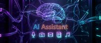 Futuristic AI assistant interface with glowing brain neural network and digital icons on dark tech background for artificial intelligence applications.