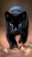 Black cat with striking blue eyes stalking through autumn leaves, focused intently on prey. Close-up portrait shows intense feline hunting behavior in natural setting.