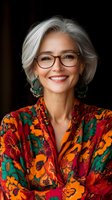 Confident mature woman with silver hair and glasses wearing colorful floral blouse smiling warmly at camera for professional headshot and lifestyle content.