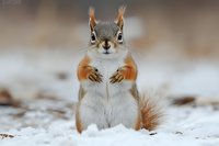 Adorable red squirrel standing upright in snow with fluffy tail and alert expression. Winter wildlife photography for nature lovers and outdoor enthusiasts.