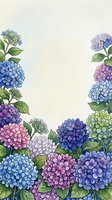 Watercolor hydrangea border with blue, purple, pink, and green blooms framing a soft white background, perfect for cards and invitations.