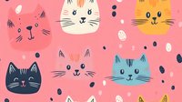 Cute cat faces pattern with whiskers and dots on pink background, seamless repeat design for children products, fabric, and wrapping paper.