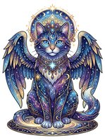 Celestial winged cat with cosmic galaxy patterns, ornate gold halo, and mystical decorative elements on isolated white background for design use.