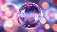 Crystal clear soap bubble floating in pink and purple bokeh lights background, macro photography capturing iridescent reflections and delicate surface tension.