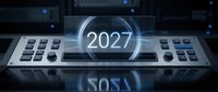 Futuristic digital keyboard with glowing 2027 hologram display for technology and new year concepts on dark background with blue light effects.