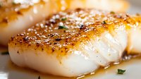 Pan seared sea scallops with golden brown caramelized crust and tender white flesh, garnished with fresh herbs, macro food photography on blurred background.