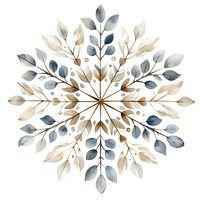 Delicate watercolor mandala with blue and beige leaves arranged in symmetrical pattern, dots and branches creating snowflake-like botanical design on white background.