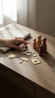Hand reaching for wooden family figures and insurance symbols on desk representing life protection planning and financial security concepts.
