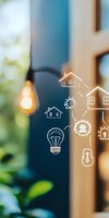 White line icons of houses and lightbulb with gears on blurred background with bokeh lights and green foliage, representing smart home technology concept.
