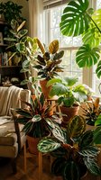 Lush indoor plant collection with monstera, rubber tree and tropical houseplants in terracotta pots creating cozy living room jungle atmosphere.