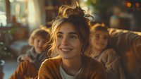 Young woman with messy bun hairstyle smiling warmly in cozy home setting with soft golden hour lighting, perfect for lifestyle, happiness and authentic moments advertising.