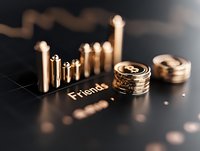 Golden cryptocurrency coins and friends text on dark background, modern financial technology concept with selective focus and bokeh effect.