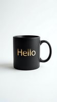 Matte black ceramic coffee mug with gold Hello lettering on white background, minimalist modern style for product and lifestyle design use.