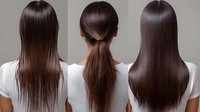 Long straight brown hair shown from three angles: back view loose, ponytail style, and styled straight. Clean professional haircare result on gray background.