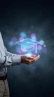 Businessman holding glowing holographic graduation cap symbol representing online education, e-learning technology and academic achievement in digital era.
