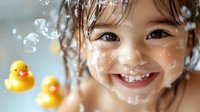 Young Asian girl with bright smile enjoying bath time with yellow rubber ducks, soap bubbles and water splashes creating playful childhood moment.