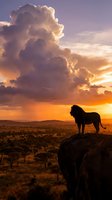 Majestic lion silhouette standing on rocky outcrop against dramatic sunset sky with towering clouds over African savanna landscape for wildlife photography.