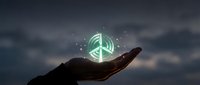Hand holding glowing green dollar sign symbol with sparkles against dark cloudy sky background representing financial success and money management.