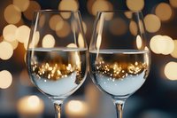 Two wine glasses filled with sparkling champagne or prosecco against warm bokeh lights, perfect for celebrations, toasts, New Year's Eve, weddings, and festive occasions.