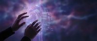 Hands reaching toward glowing holographic digital interface with circuit patterns against cosmic purple and blue nebula background for futuristic technology concepts.