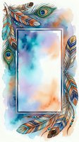 Watercolor boho frame with peacock feathers and decorative plumes on colorful background for invitations, cards, and bohemian design projects.