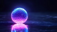 Glowing golf ball with neon blue and pink colors reflecting on dark wet surface creates futuristic sports atmosphere with retrowave aesthetic style.