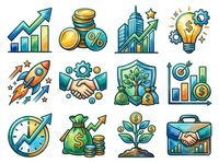 Startup business growth strategy with financial success icons, investment charts, money management, entrepreneurship symbols, and profit development concepts for corporate presentations.