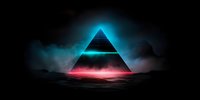 Glowing pyramid with neon blue and pink lights against dark cloudy background, creating mysterious futuristic atmosphere. Suitable for sci-fi projects.