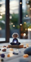 Meditating figure with glowing orb sits on wooden platform surrounded by healing crystals and soft bokeh lights creating peaceful spiritual atmosphere.