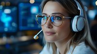 Young female customer service representative wearing headset and glasses smiling in dark office with blue ambient lighting. Professional call center environment.