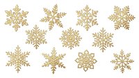 Golden snowflakes collection isolated on white background for winter holiday decorations, Christmas crafts, seasonal designs and festive projects.