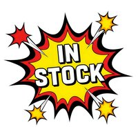Comic book style burst with IN STOCK text in bold letters. Colorful explosion graphic with yellow center and red accents on white background for retail signage.