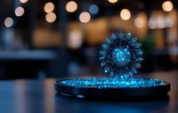Glowing blue holographic coronavirus molecule floating above digital platform with bokeh background effect, futuristic medical science visualization concept.