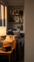 Fluffy orange Persian cat relaxing on cozy gray sofa in warm modern living room with lamp light and built-in shelves creating peaceful home atmosphere.