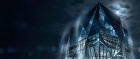 Modern glass skyscraper with steel framework against dramatic stormy sky, suitable for corporate, business, and architectural design projects.