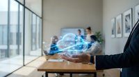 Businessman holding a glowing holographic cloud icon in a modern office, symbolizing cloud computing, data storage, and digital transformation.
