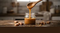 Golden caramel sauce dripping from wooden spoon into glass jar on rustic kitchen counter with scattered nuts for dessert preparation and baking.