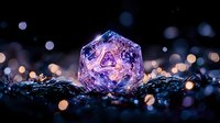 Glowing purple crystal with geometric facets on dark background illuminated by soft bokeh lights, creating magical atmosphere for mystical designs.